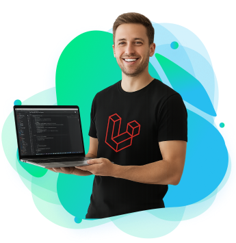 Laravel developer in Charlotte holding laptop with custom code – Above Bits team